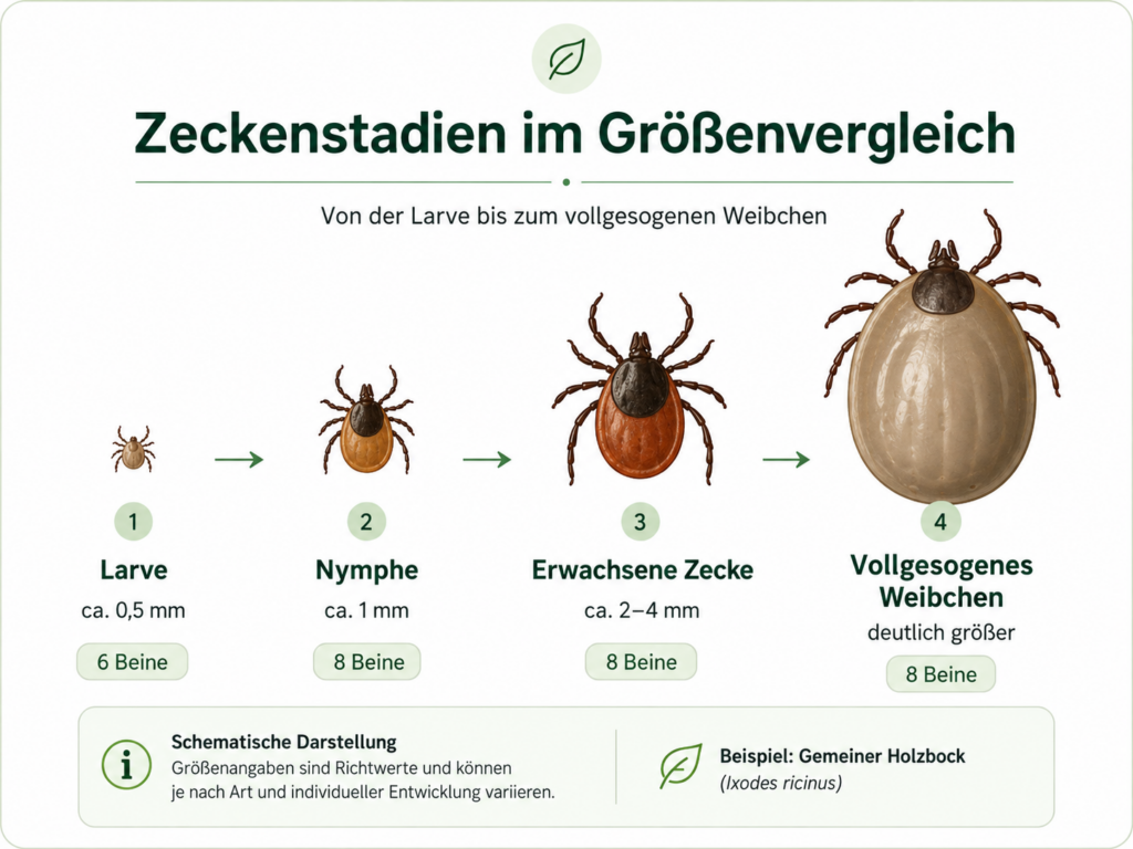 Zeckenstadien im Größenvergleich: Larve, Nymphe und erwachsene Zecke